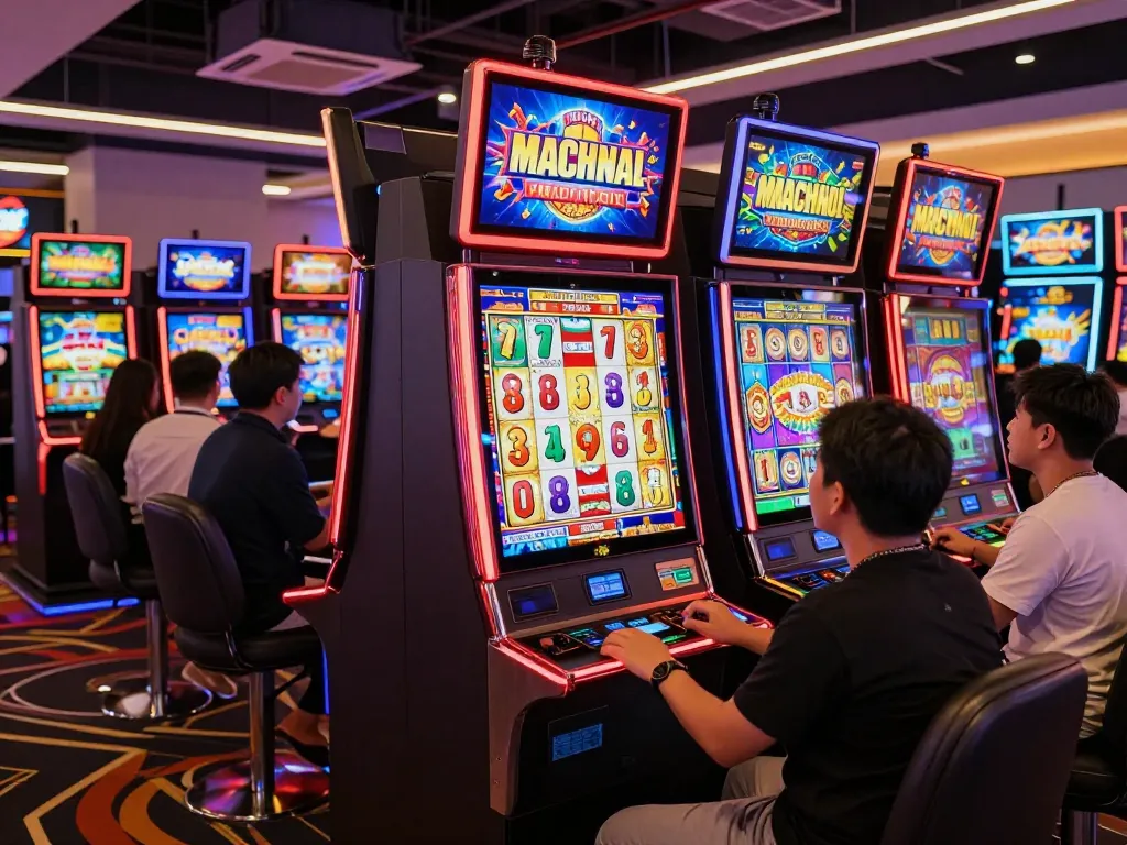Engaged players experiencing the thrill of Slot Malaysia in a vibrant casino setting, featuring colorful slot machines.