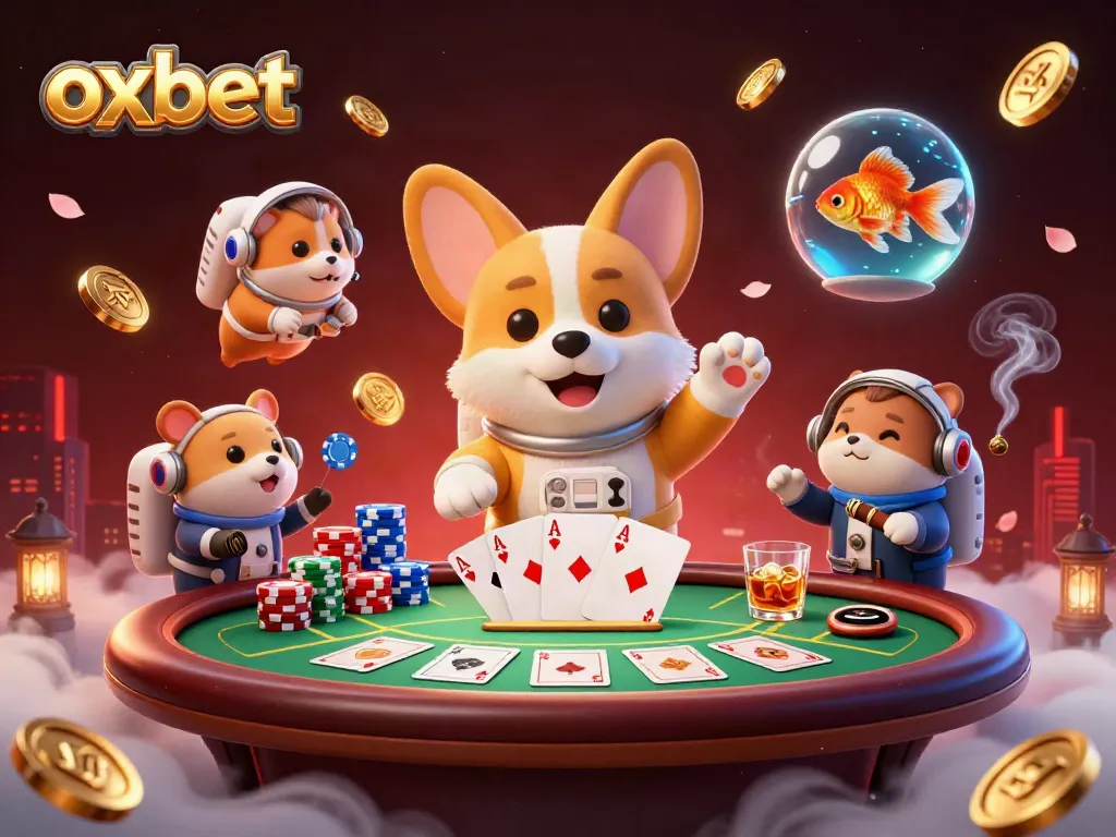 Experience the thrill of oxbet as the astronaut corgi navigates a celestial casino with poker chips and gold coins.