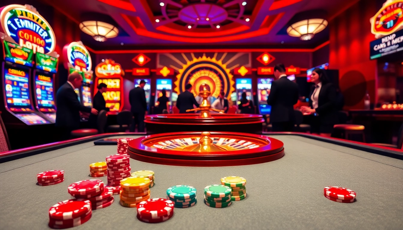 Players enjoy thrilling games at KP88, featuring vibrant casino tables and colorful poker chips.