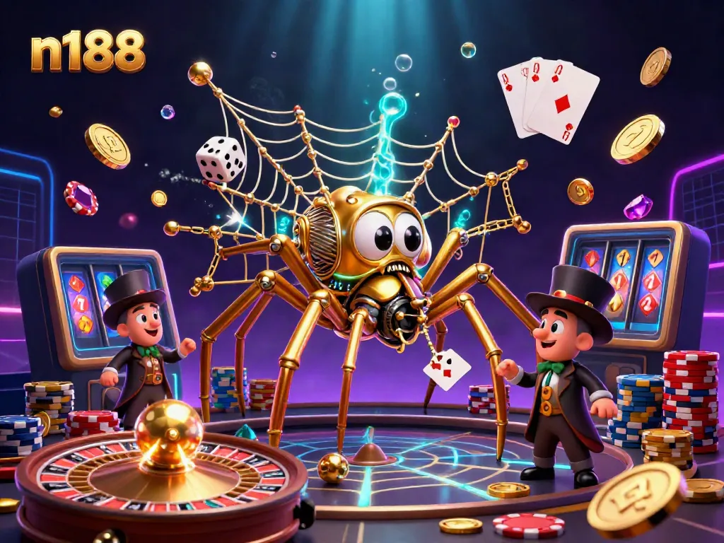Win big with n188 in this vibrant 3D illustration showcasing steampunk casino elements.