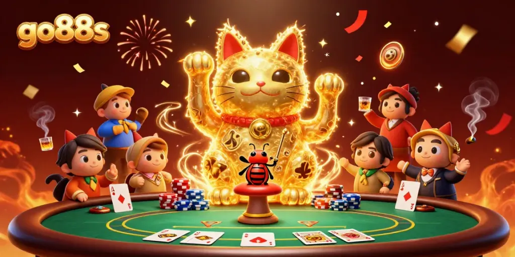 Experience go88s excitement with a captivating golden firefly lucky cat at a vibrant poker table.