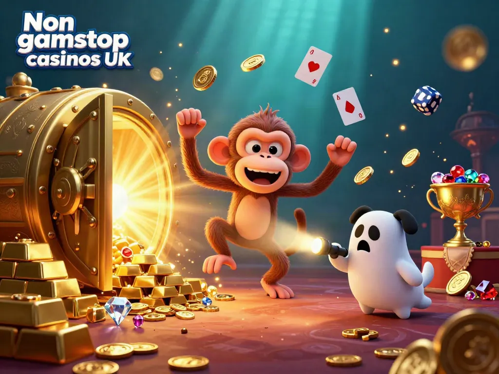 Experience the excitement of non gamstop casinos UK with a playful poltergeist monkey and a curious puppy in a vibrant casino scene.