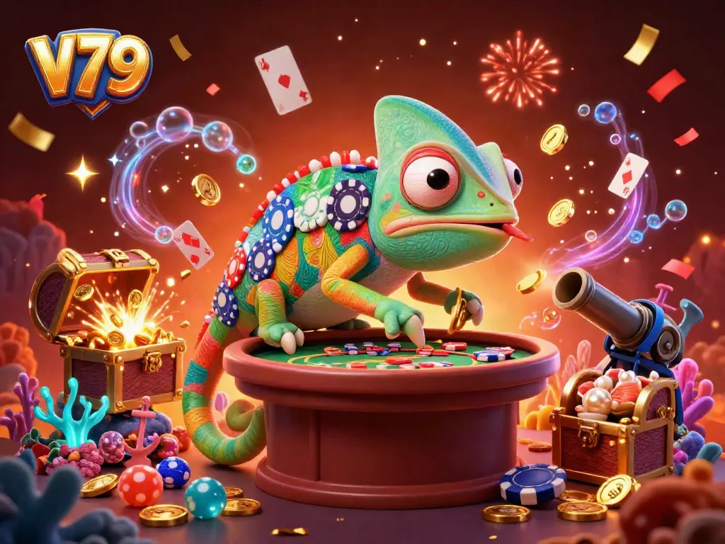Experience the vibrant casino world of V79 as our chameleon owner captures coins amidst a festive backdrop.
