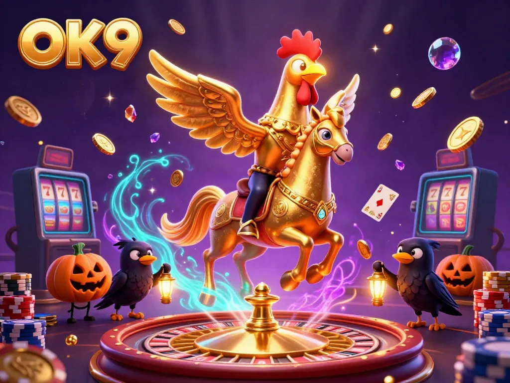 Experience the thrill of OK9 casino with golden rooster characters and vibrant gaming elements.