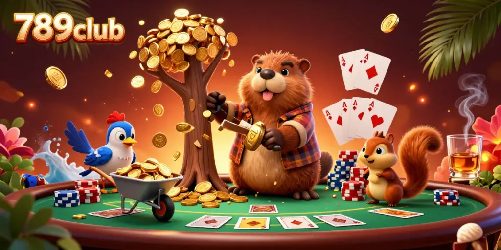 Experience the excitement of 789club with a beaver character, poker chips, and golden coins raining down.