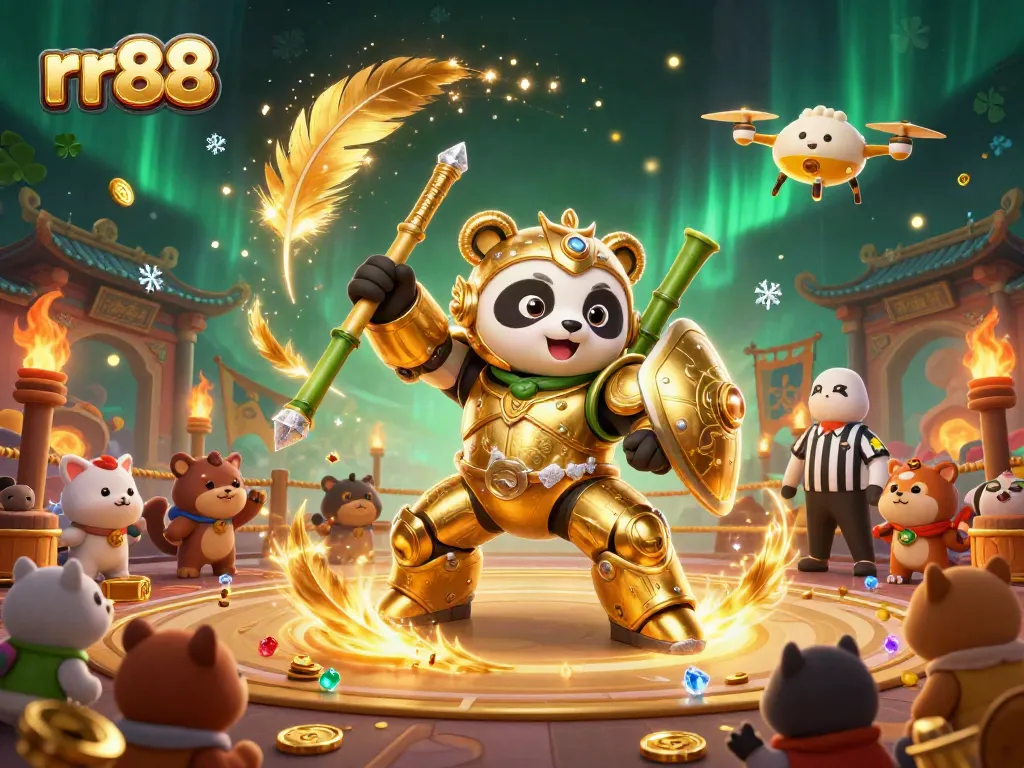 Engage in thrilling gameplay at rr88 with a vibrant mech-suit panda battling in a dynamic casino arena.