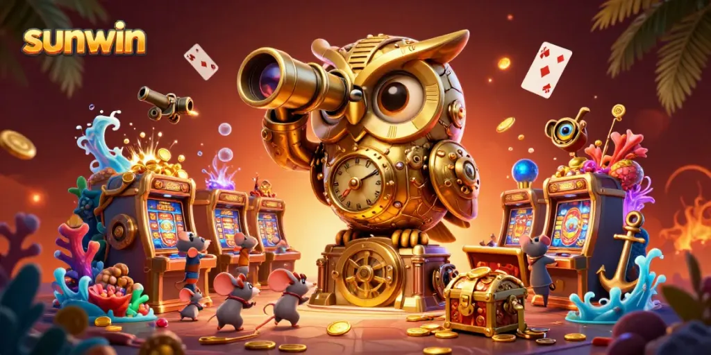 Experience the thrilling casino atmosphere at sunwin, with a whimsical owl overseeing a magical scene of games and treasures.