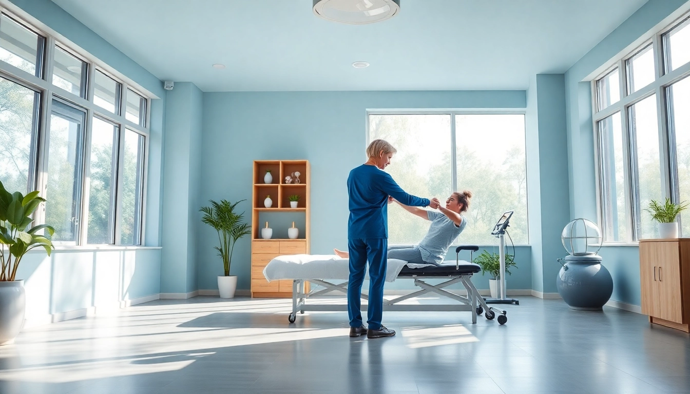 Engage in rehabilitation exercises at a serene physiotherapy near me clinic, featuring a supportive therapist and bright, inviting surroundings.