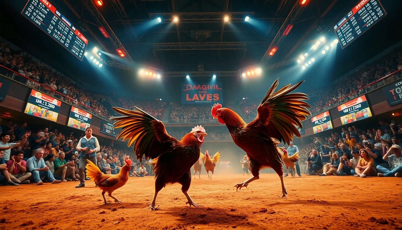 Live cockfighting action at dagawin.live with excited spectators and dynamic betting screens.