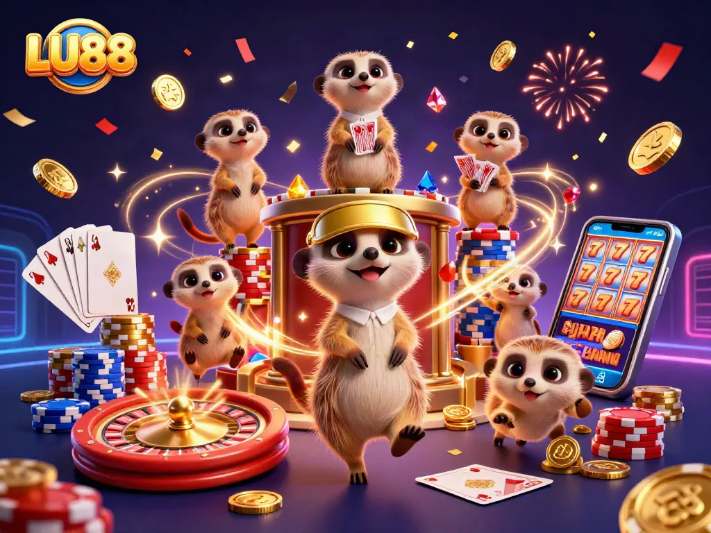 LU88 innovatively depicts meerkats in a vibrant, energetic casino scene, showcasing excitement and action.