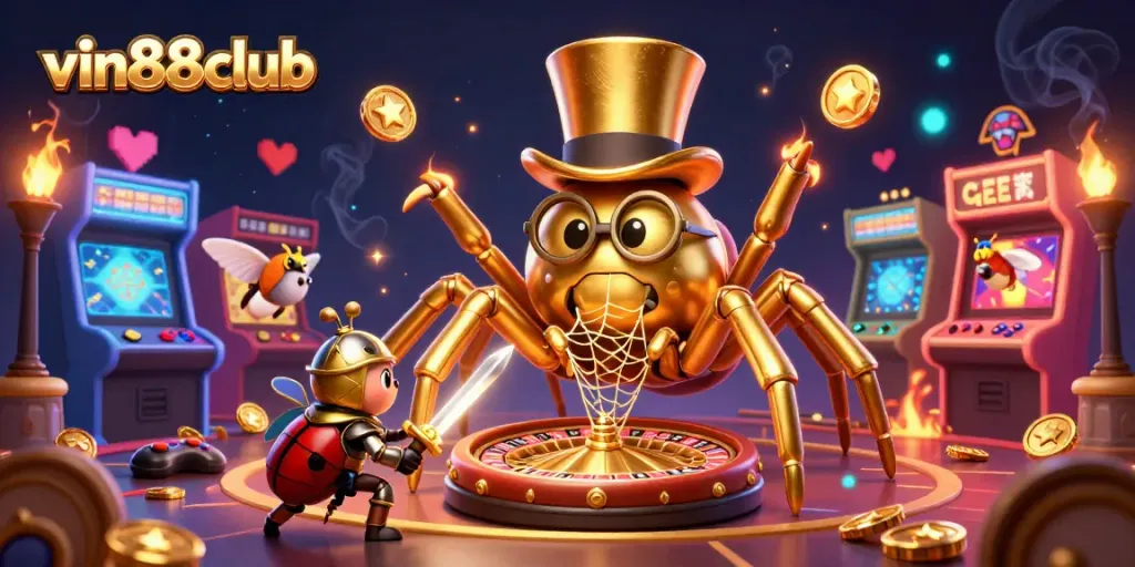 Engage with thrilling games at vin88club, where a golden tarantula spins excitement in a dynamic casino.