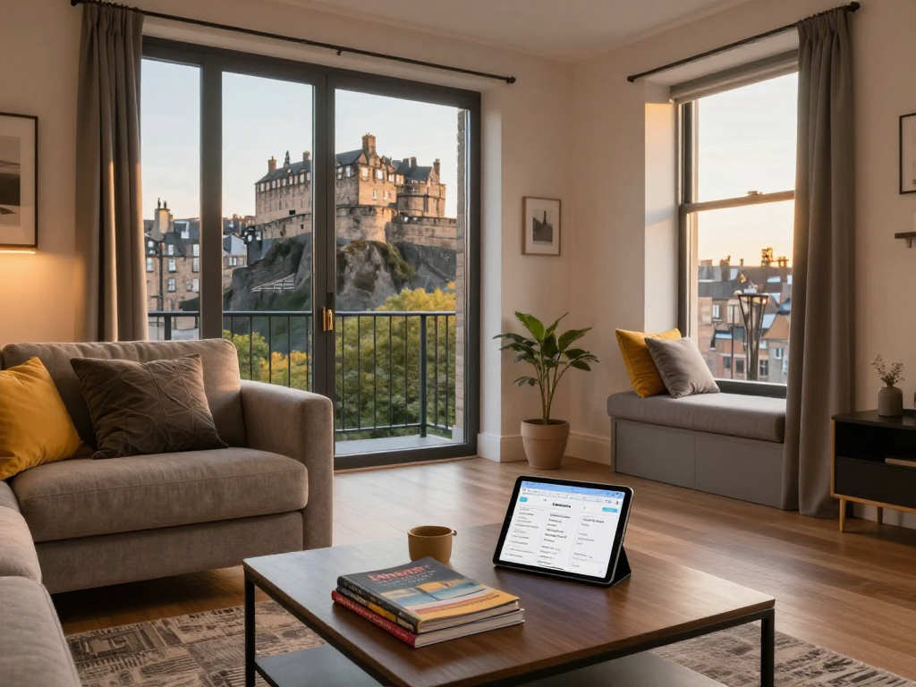 Welcoming space for short term lets edinburgh showcasing a modern living room with city view.