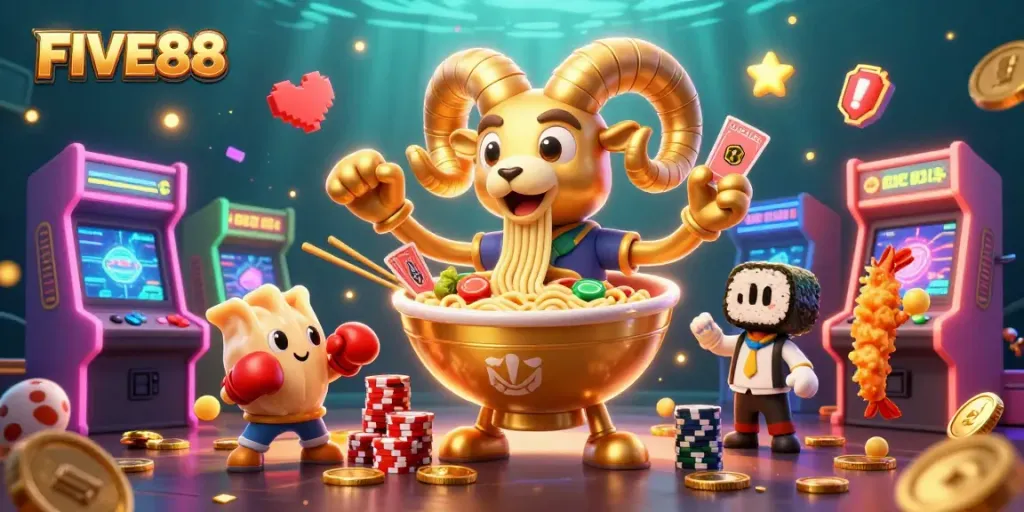 Score big at FIVE88 with dynamic gaming characters and vibrant casino-themed elements.