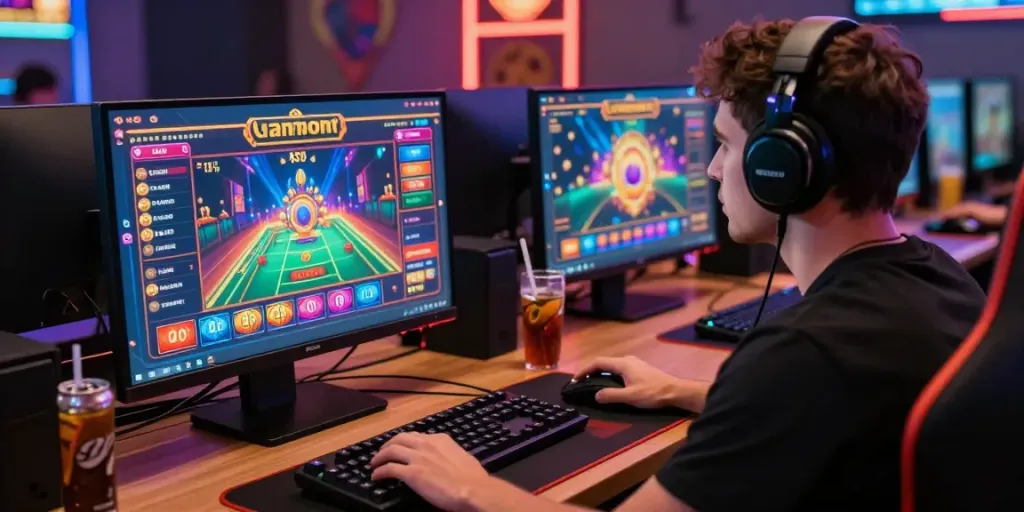 Player enjoying casinos not on Gamstop UK in a vibrant gaming setup with colorful lights.