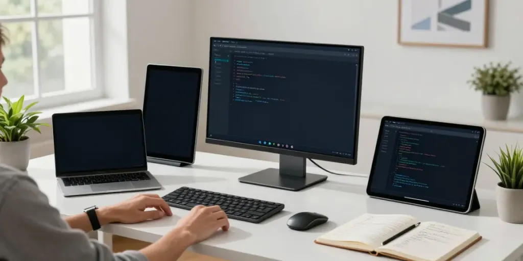 Workspace featuring instant indexing technology with multiple monitors and coding notes.