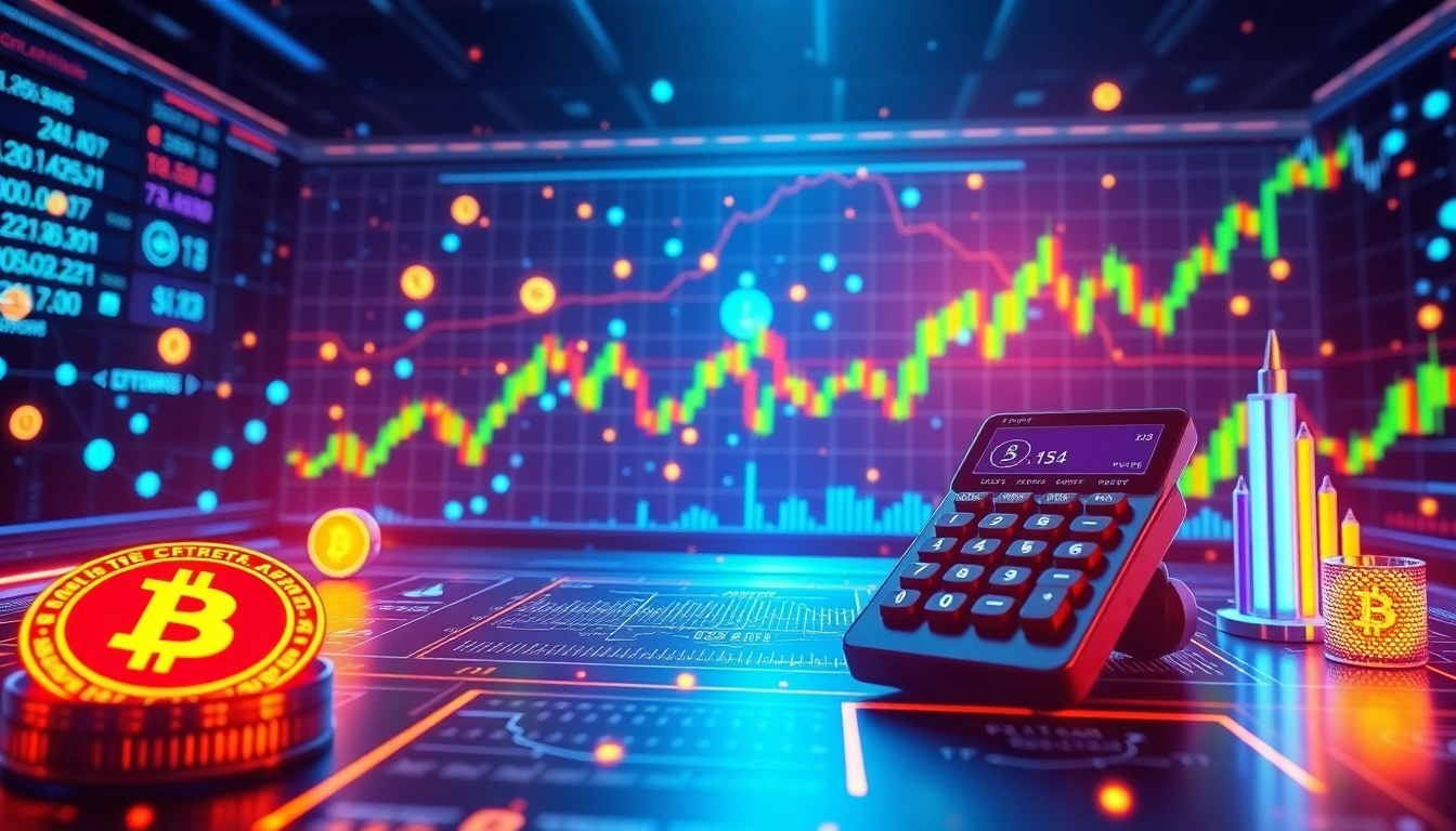 Calculator for cryptocurrency investments showcasing Bitcoin logos and blockchain networks for trading analysis.