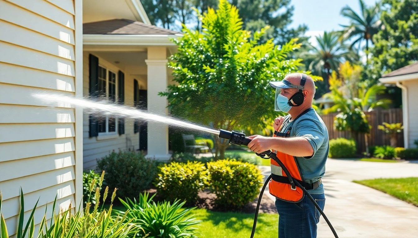 Pressure wash technician cleaning a home's siding in Kissimmee, FL.