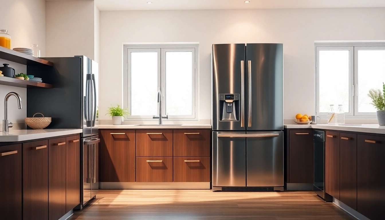 Discover high-quality бяла техника including modern refrigerators and dishwashers in a bright kitchen.
