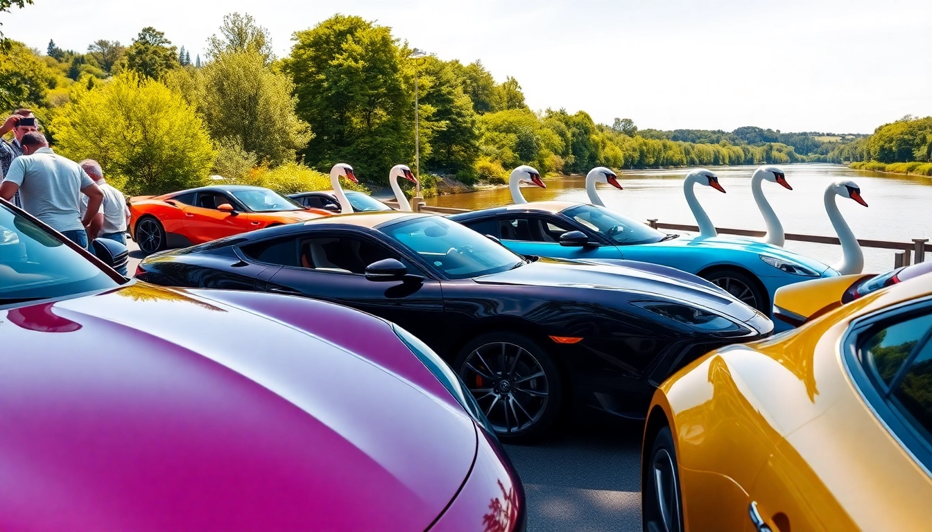 Swan Cars parked by a riverside, highlighting luxury and elegance with vibrant colors.