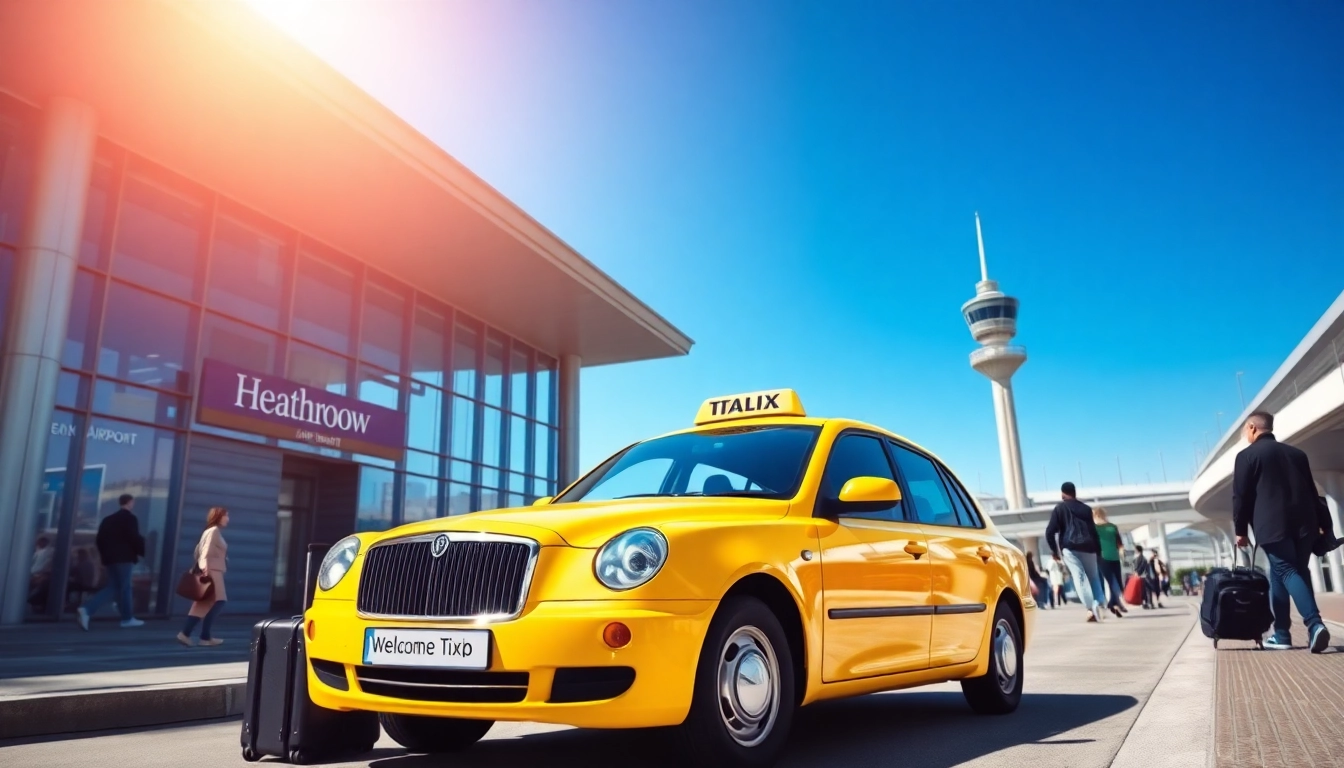 Taxi at Heathrow Airport ready for passengers with luggage nearby.