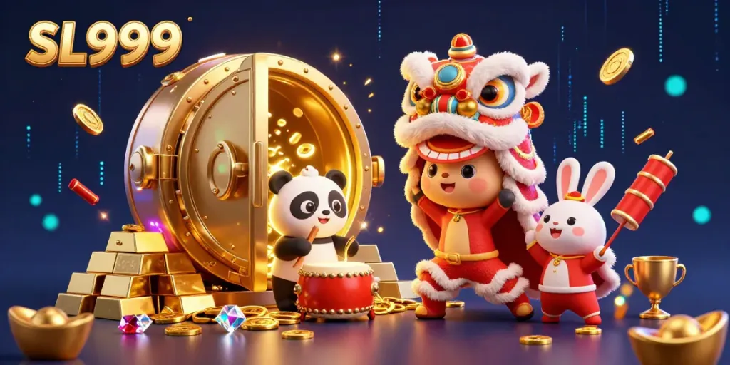Engage with SL999's vibrant casino experience featuring a lion dance and treasure vault!