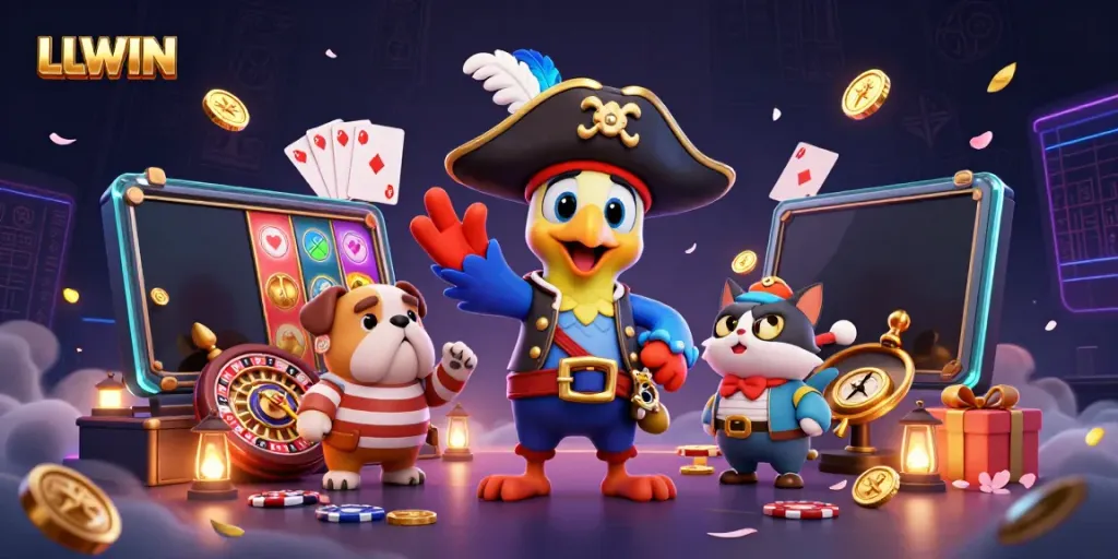 Engage in thrilling games at LLWIN with a dynamic illustration of a pirate captain, bulldog mate, and cat navigator.