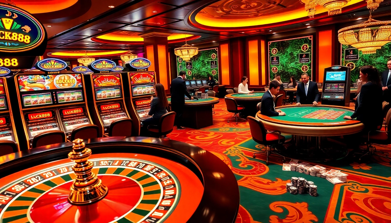 Players enjoying high-stakes excitement at LUCK888 casino tables surrounded by vibrant slot machines.