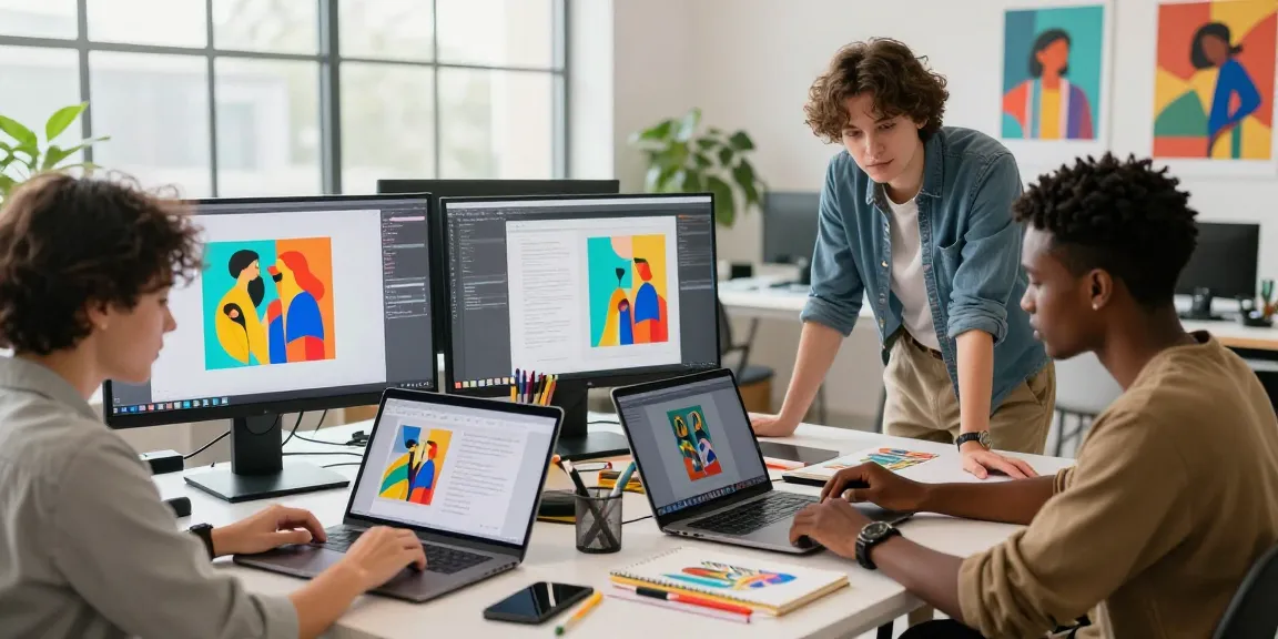 Team utilizing an image to prompt tool in a vibrant digital art studio.