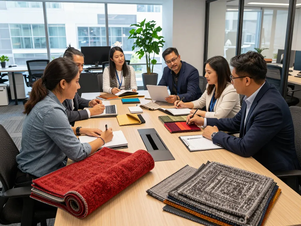 Commercial carpet installation consultation with professionals discussing various carpet types in a modern office.