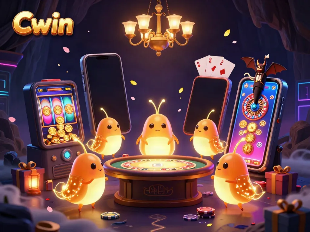Cwin glowworms illuminate a vibrant cave casino with neon signs and a bat dealer, showcasing lively games.
