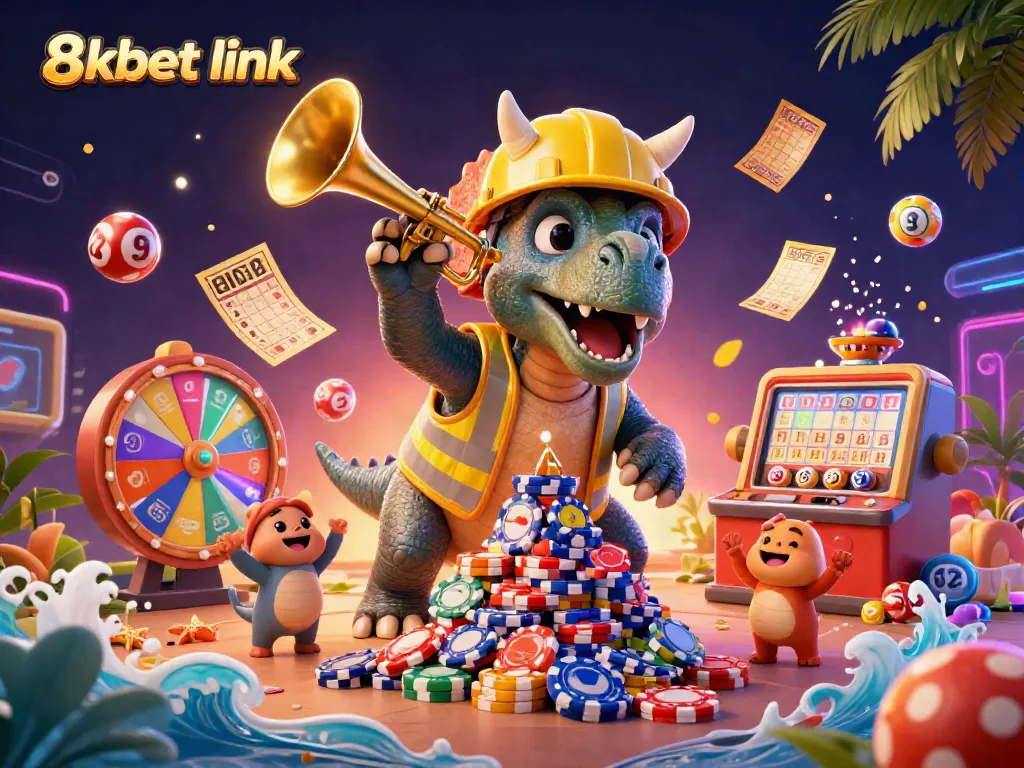 Engage in lottery excitement with the vibrant 8xbet link scene, showcasing dynamic gambling elements and cheerful characters.