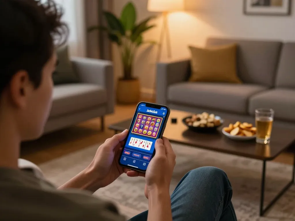 Engaged user playing iwinclub app on smartphone in cozy living room setting.