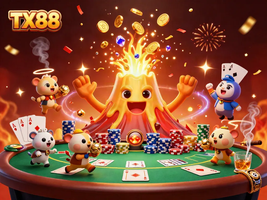 Experience winning at TX88 with a vibrant 3D illustration of a golden volcano erupting treasures.