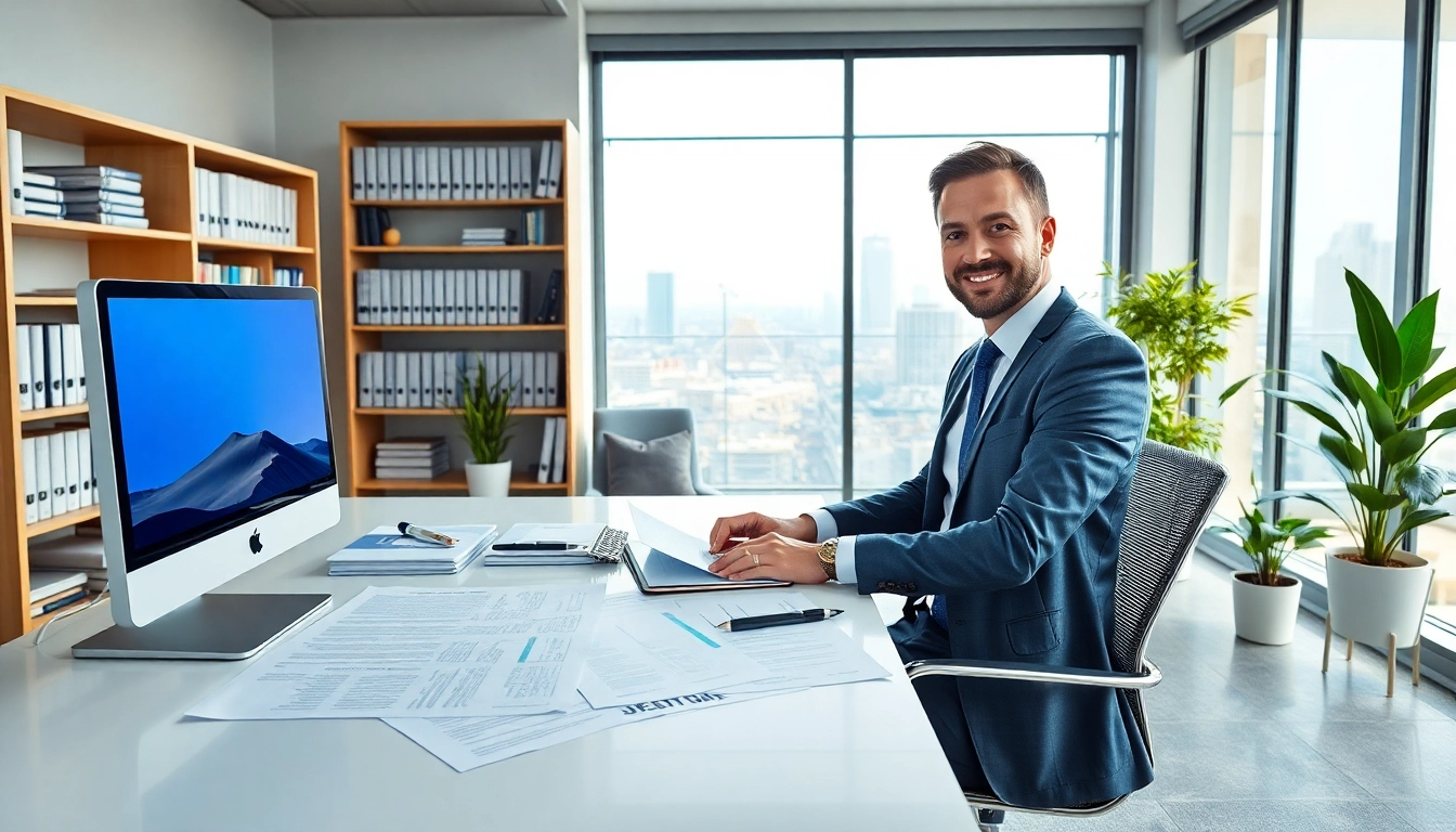 Traducteur assermenté allemand professionnel travaillant dans un bureau moderne avec des documents.