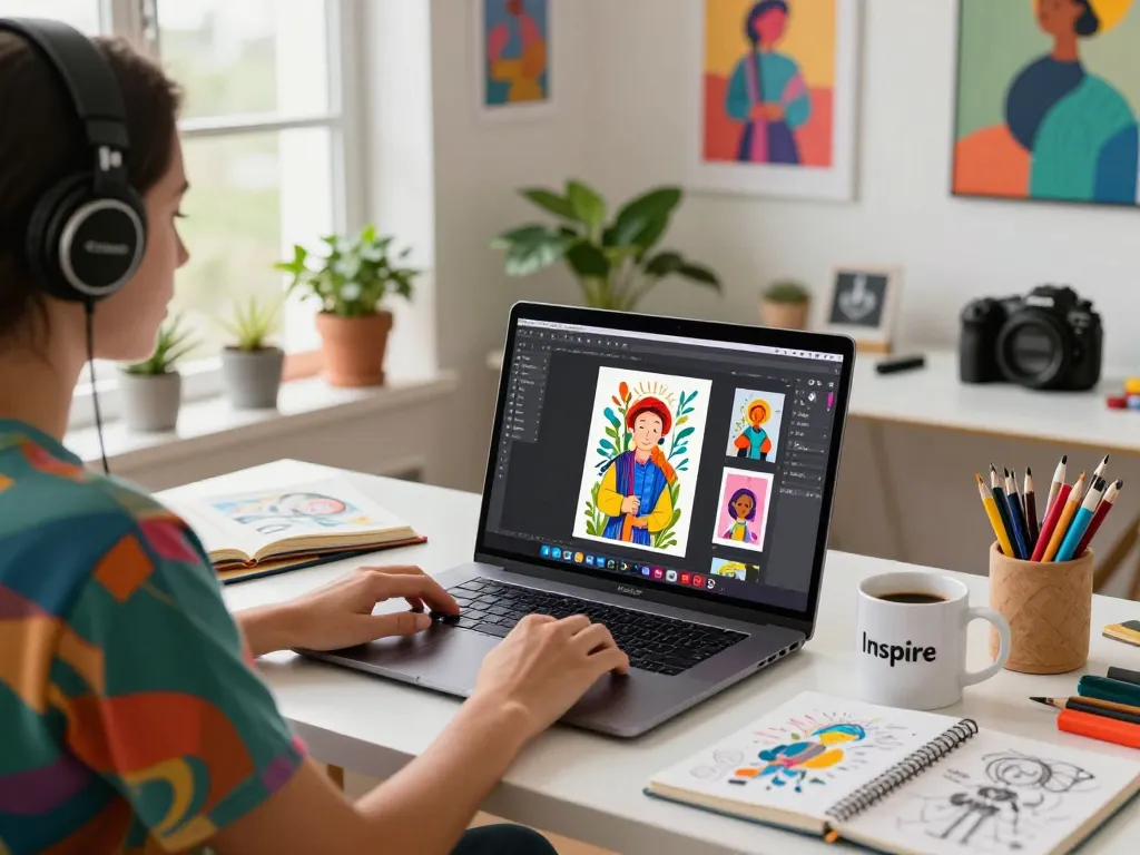 Creative artist using Nano Banana 2 AI image editor in vibrant workspace with art supplies.
