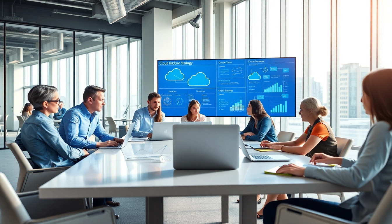 Cloud Backup Tampa team collaborating in a modern office environment with cloud computing graphics.