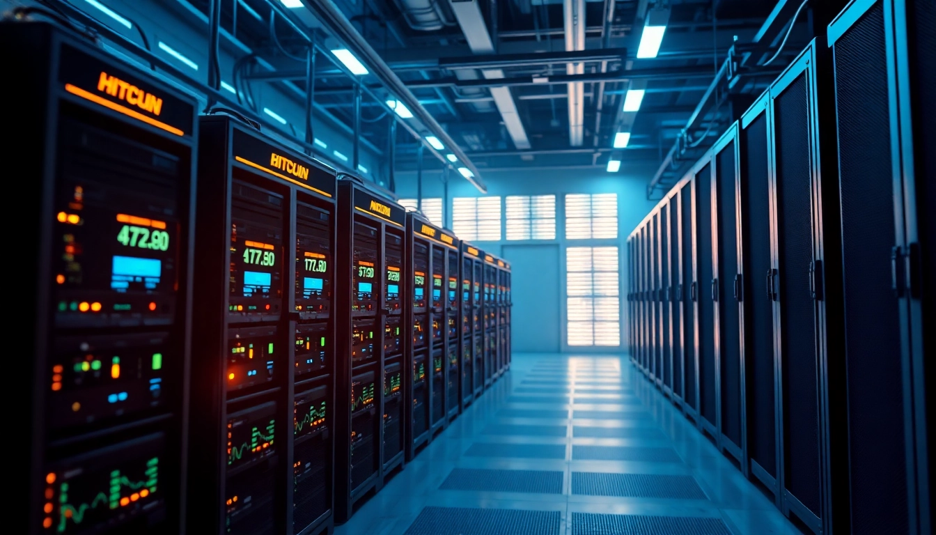 Bitcoin mining operation showcasing advanced ASIC rigs in a modern data center.