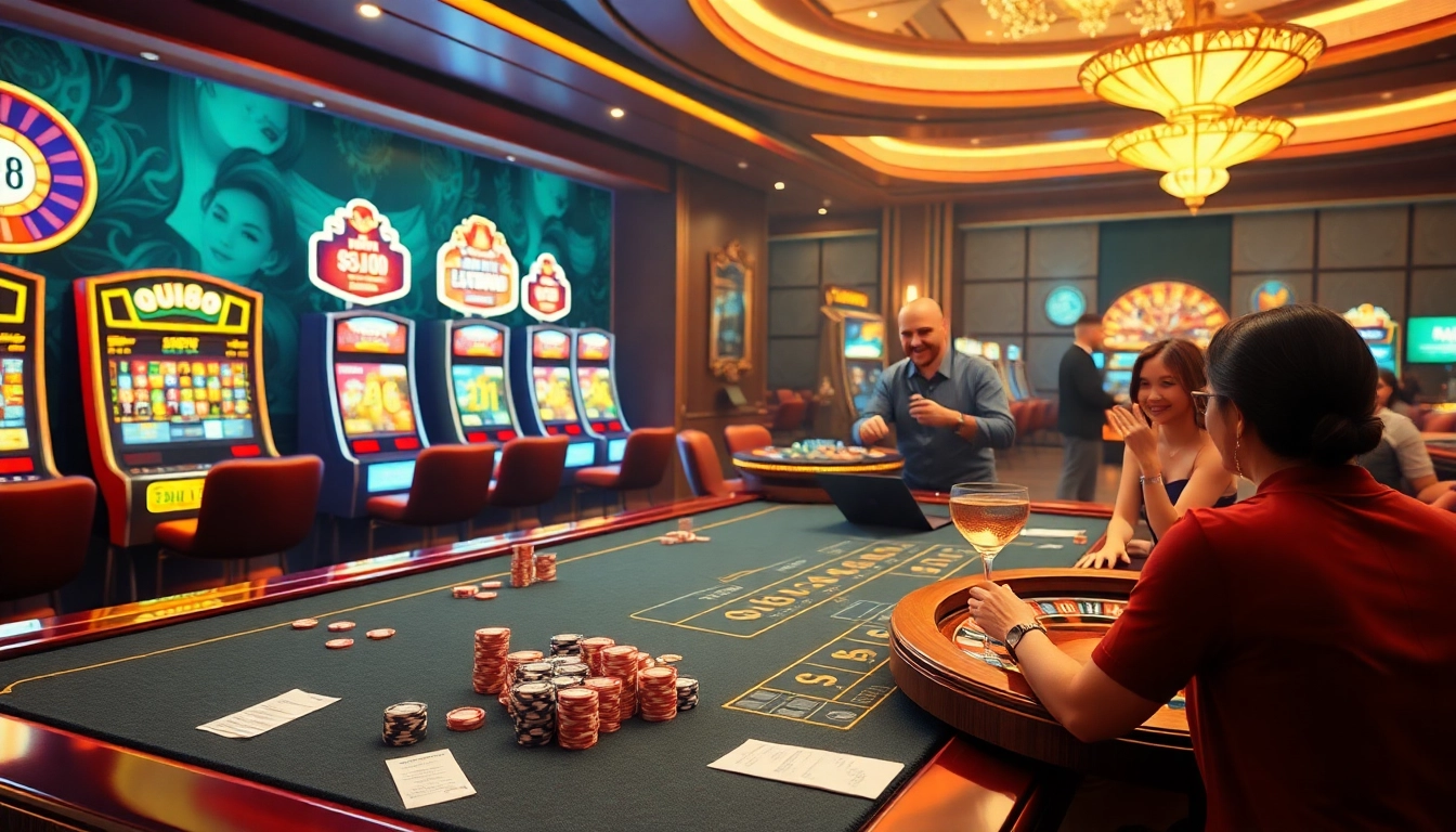 UU88 online gambling scene showcasing vibrant virtual table games and excited players in a luxurious casino ambiance.