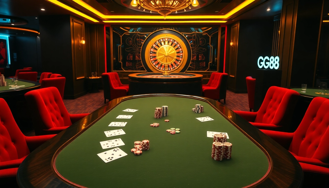 Engaging GG88 poker scene with vibrant chips and cards, exuding luxury and excitement