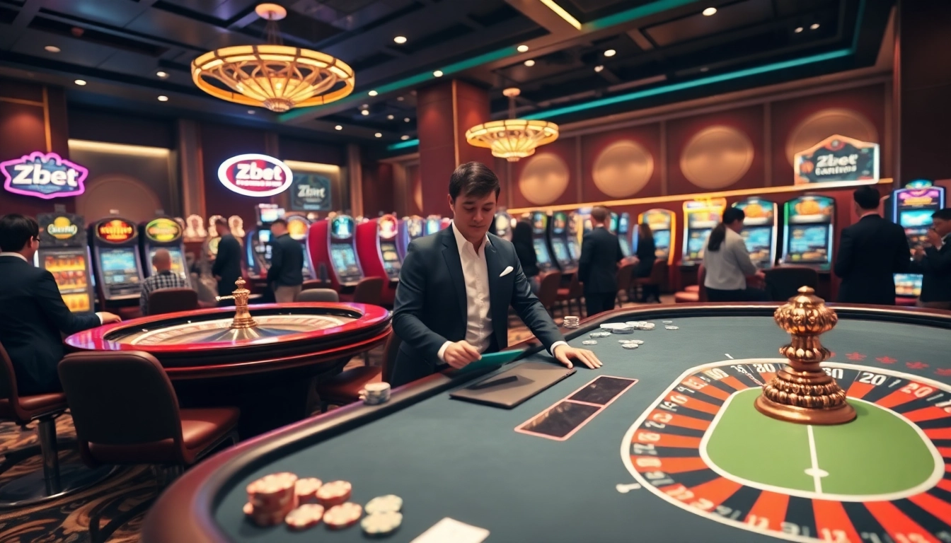 Engaged players at a vibrant casino questioning zbet có uy tín không amidst thrilling games and luxurious ambiance.