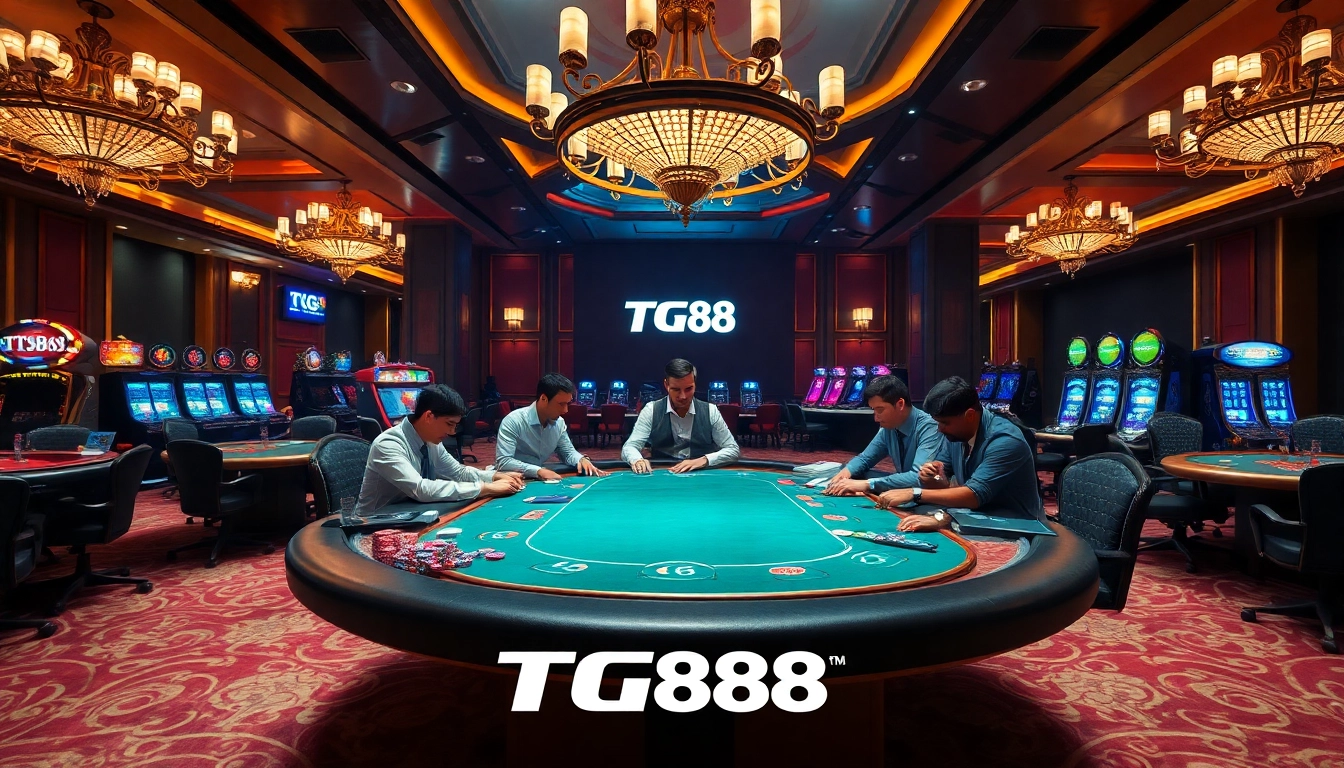 Experience thrilling gameplay at TG88 casino tables filled with vibrant poker chips and engaging players.