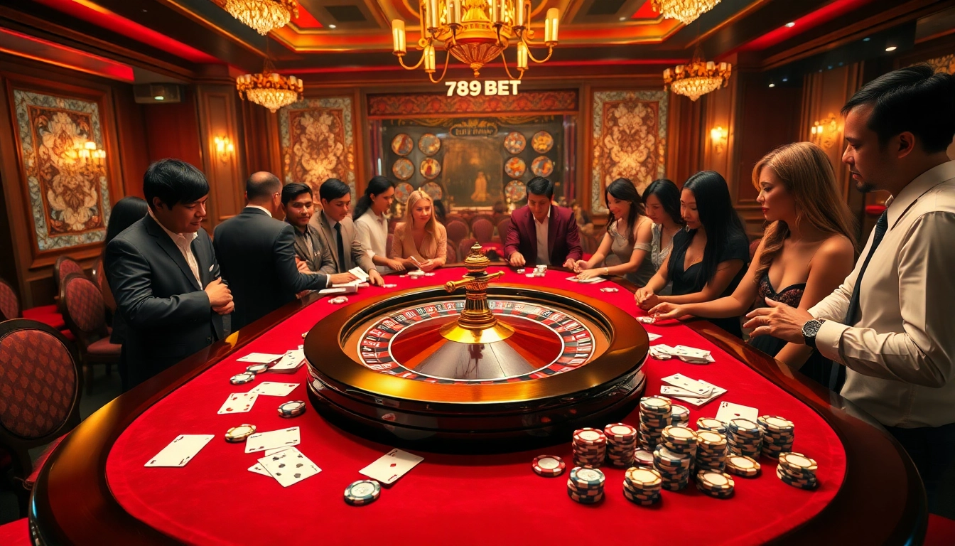 Join the thrilling atmosphere of 789BET featuring a luxurious casino gaming table with vibrant roulette and poker chips.
