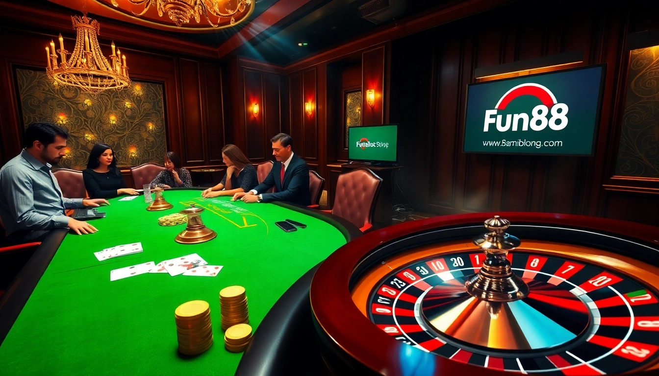 Experience thrilling gameplay at Fun88 link, featuring an elegant poker table and vibrant casino atmosphere.
