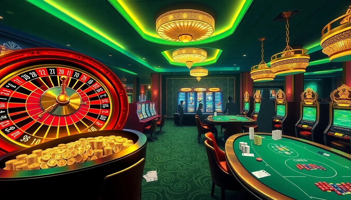 An exciting casino scene at https://tt88edu.com/ with roulette, slot machines, and poker tables reflecting luxury.