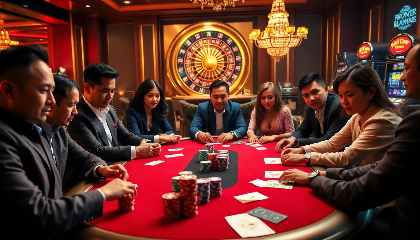 Gambling table showcasing kèo nhà cái with vibrant poker players focused on winning strategies.