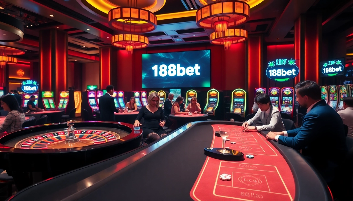 Players enjoying games at a vibrant casino, highlighting link 188bet for an exciting gambling experience.