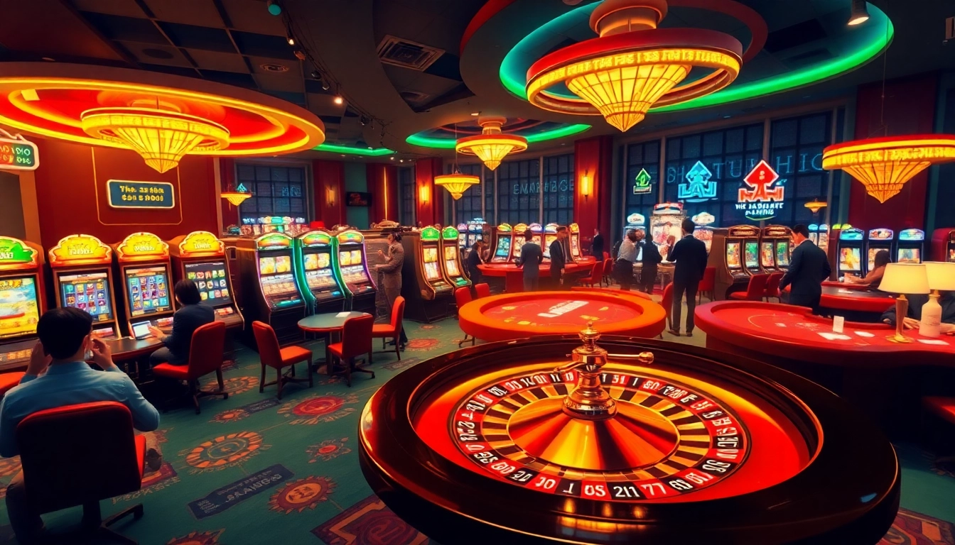Exciting gambling scene at Nhà cái Thabet featuring vibrant casino games and engaged players.