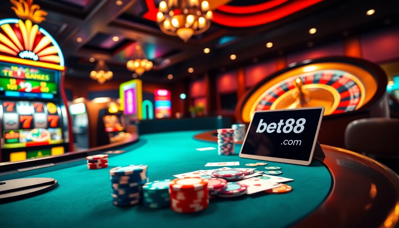 Experience the excitement of betting at bet88.com with a vibrant casino atmosphere showcasing tables and slots.