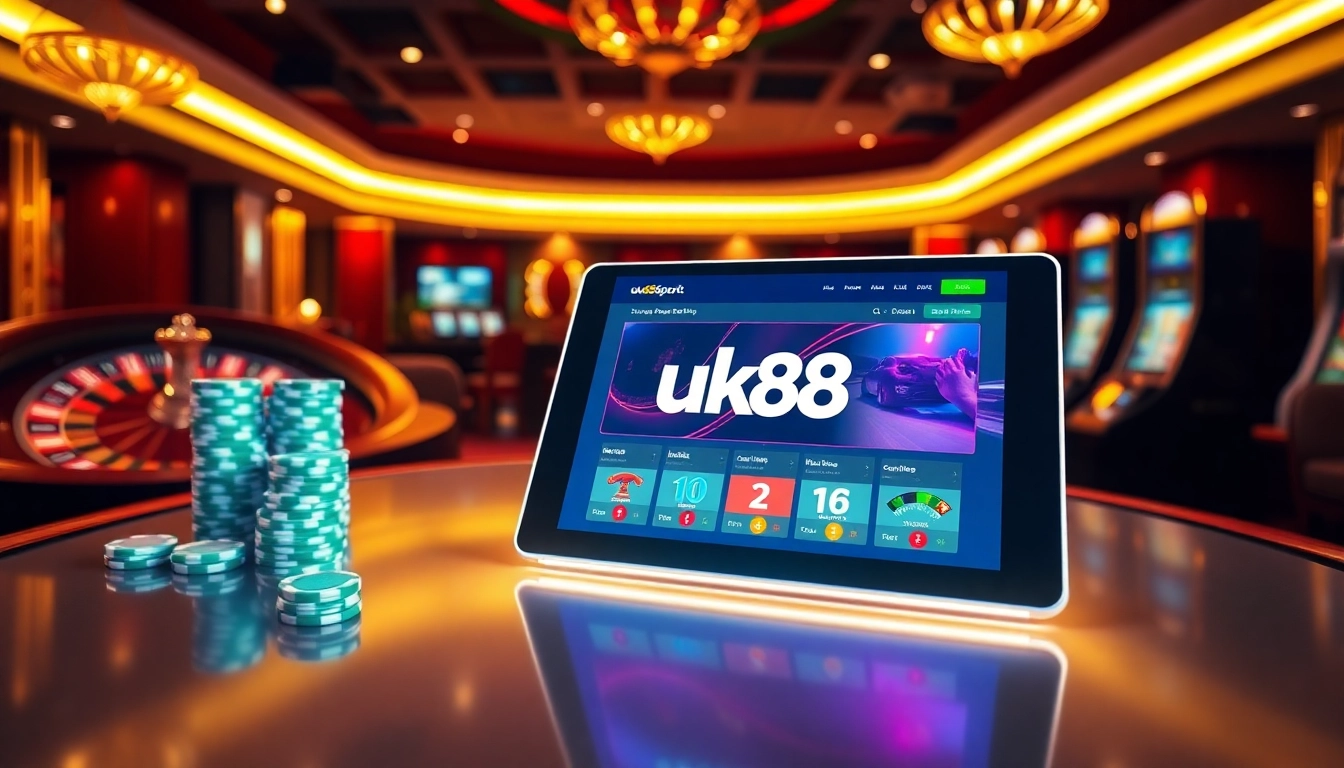 Placing bets on uk88 sport at a luxurious casino table with vibrant slot machines.