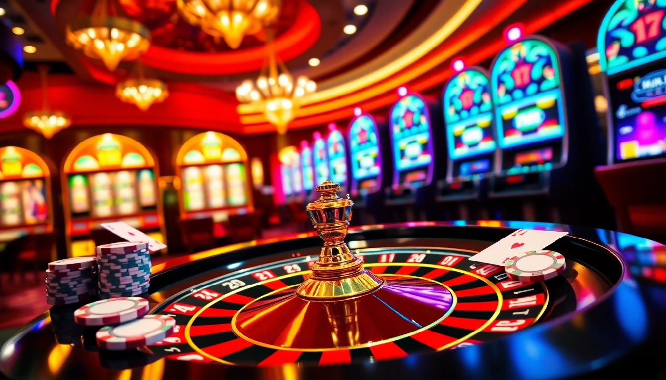Engaging players at kuwin .com as they navigate a luxurious casino setup with poker chips and a roulette wheel.